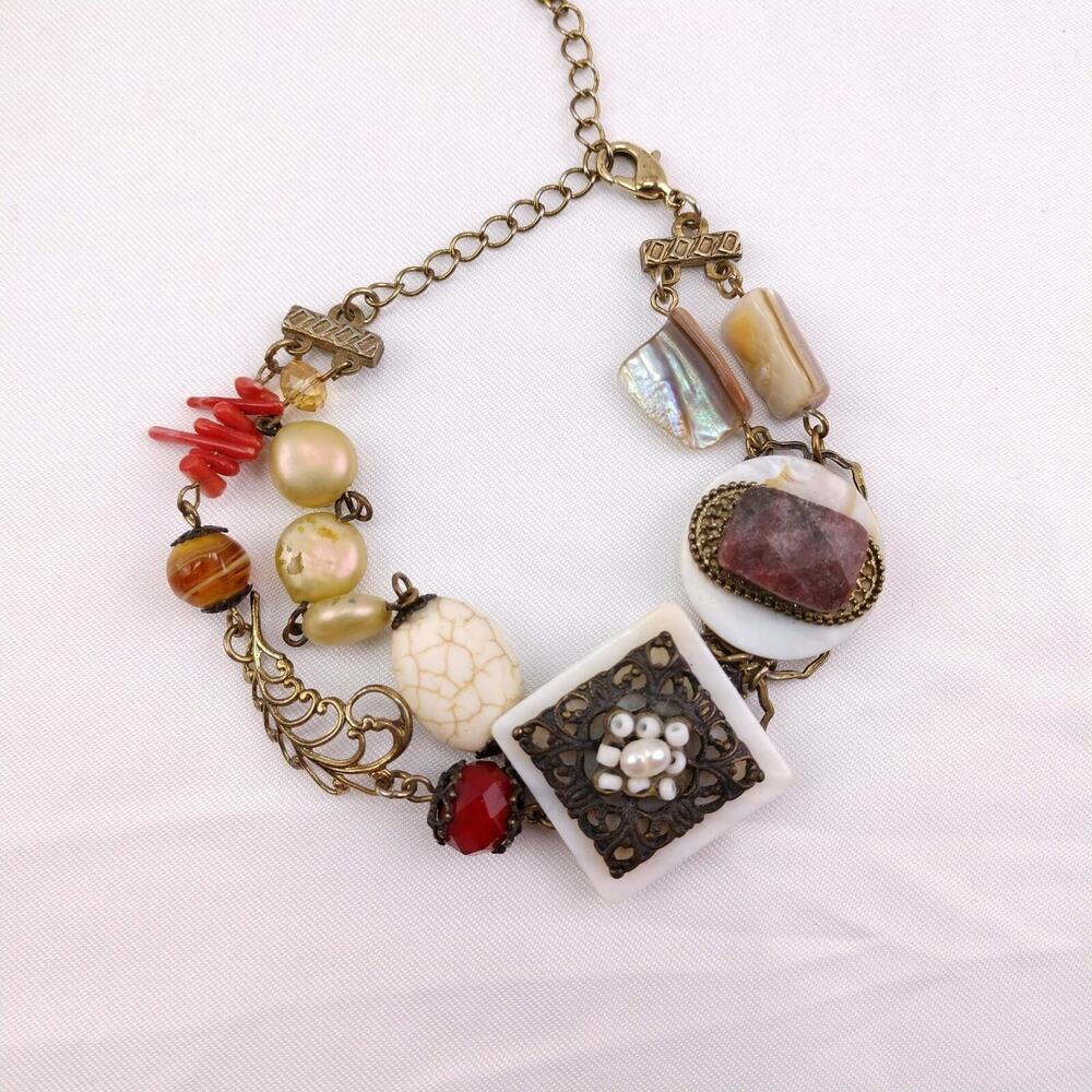 Victorian Revival Assemblage Bracelet Abalone Pearl Boho Artisan